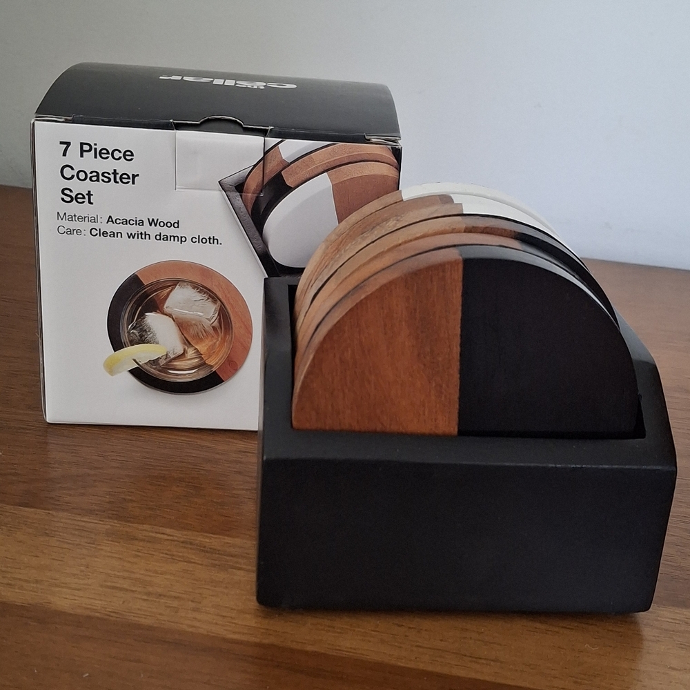 Acacia Wood 6-Coaster Set with Holder - Macy's The Cellar, New in Box